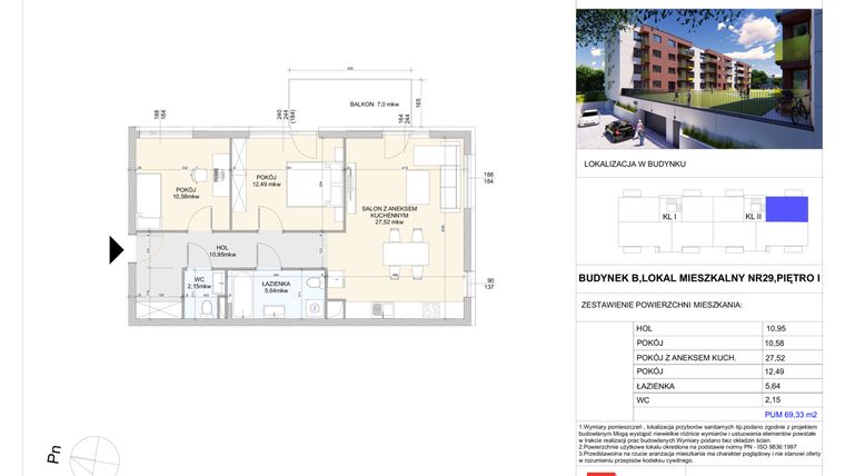 Rzut - Mieszkanie na sprzedaż 3 pokoje o powierzchni 69,33 m² - numer B.29 w Wólczańska 248 - etap II