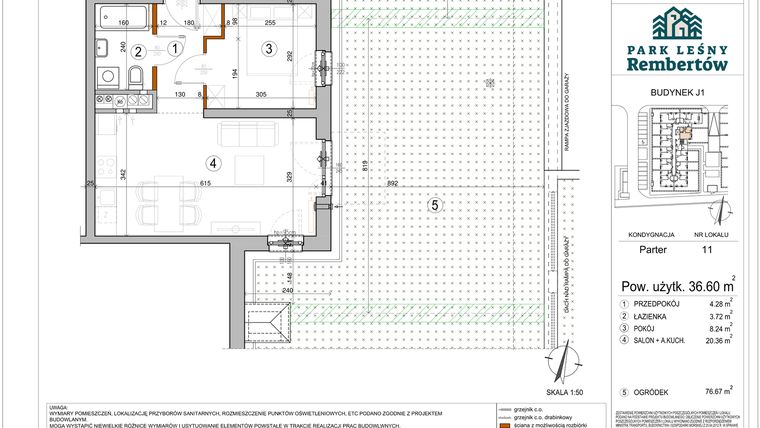 Rzut - Mieszkanie na sprzedaż 2 pokoje o powierzchni 36,6 m² - numer J1-11 w Park Leśny Rembertów etap VIII