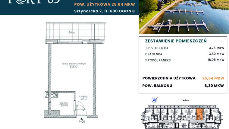 Rzut - Mieszkanie na sprzedaż 1 pokój o powierzchni 25,64 m² - numer A-20 w Port 69