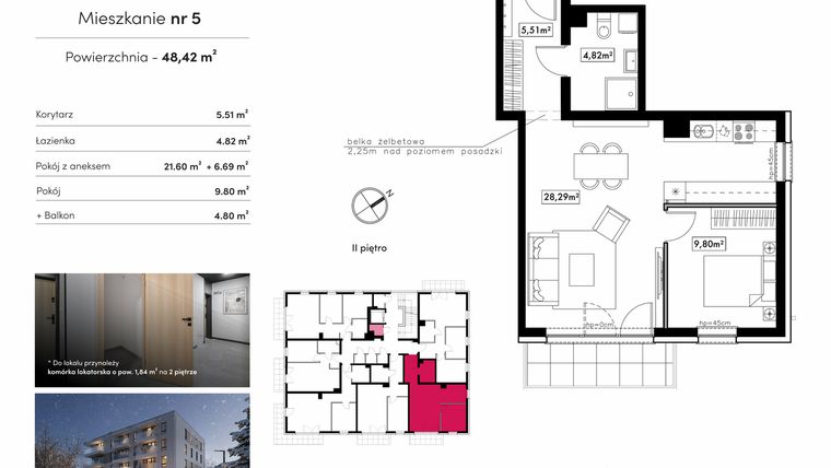 Rzut - Mieszkanie na sprzedaż 2 pokoje o powierzchni 48,42 m² - numer M5 w Novum Rumia - bud. 15