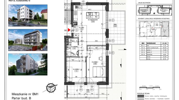 Rzut - Mieszkanie na sprzedaż 3 pokoje o powierzchni 61,95 m² - numer BM1 w Willa Kleszczowa budynek B
