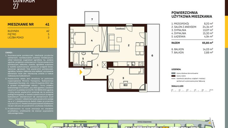 Rzut - Mieszkanie na sprzedaż 3 pokoje o powierzchni 65,85 m² - numer A2.41 w Conrada 27