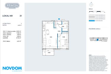 Rzut - Mieszkanie na sprzedaż 2 pokoje o powierzchni 47,45 m² - numer 31 w Stacja Grodzisk