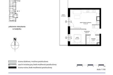 Rzut - Mieszkanie na sprzedaż 2 pokoje o powierzchni 33,89 m² - numer M38 w Kwarcowe Wzgórze