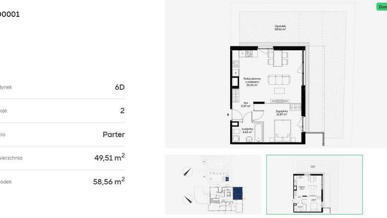 Rzut - Mieszkanie na sprzedaż 2 pokoje o powierzchni 49,51 m² - numer 6D0001 w Jaśminowy Mokotów etap VI
