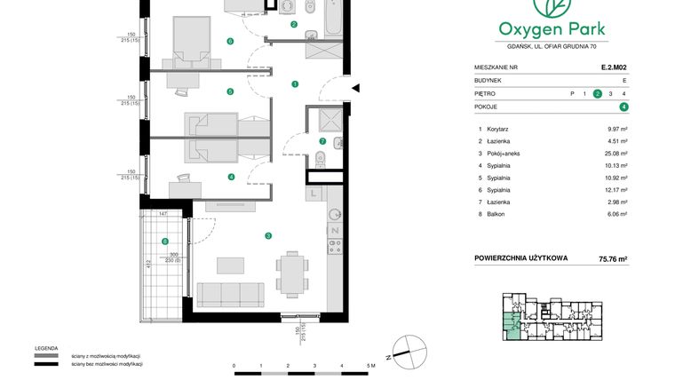 Rzut - Mieszkanie na sprzedaż 4 pokoje o powierzchni 75,76 m² - numer E.2.M02 w Oxygen Park etap III