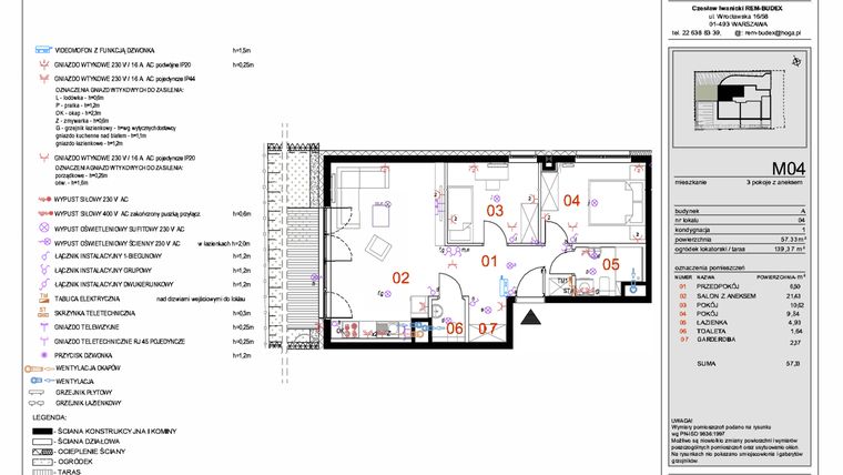 Rzut - Mieszkanie na sprzedaż 3 pokoje o powierzchni 57,33 m² - numer M04 w Eter