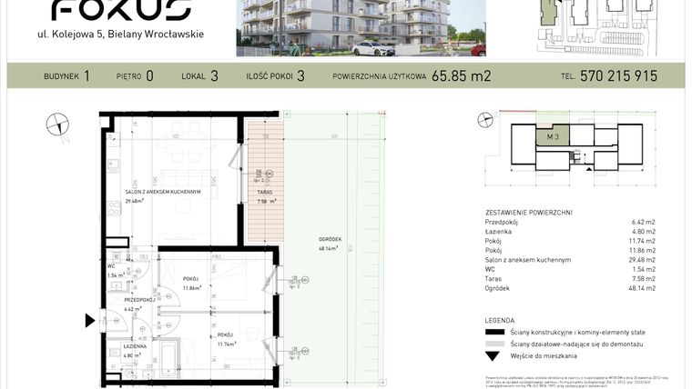 Rzut - Mieszkanie na sprzedaż 3 pokoje o powierzchni 65,85 m² - numer B1-3 w Fokus Bielany
