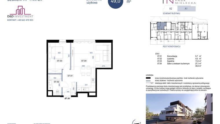 Rzut - Mieszkanie na sprzedaż 2 pokoje o powierzchni 49 m² - numer A1-7 w Park Mielecka