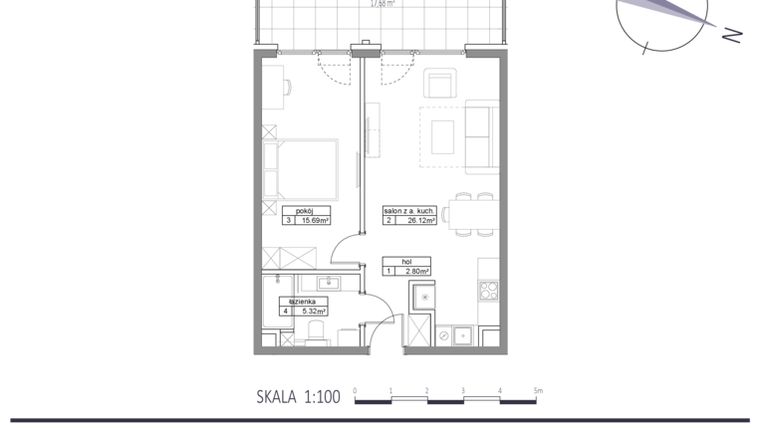 Rzut - Mieszkanie na sprzedaż 2 pokoje o powierzchni 49,93 m² - numer E30 w Apartamenty na Klifie bud. D, E i F