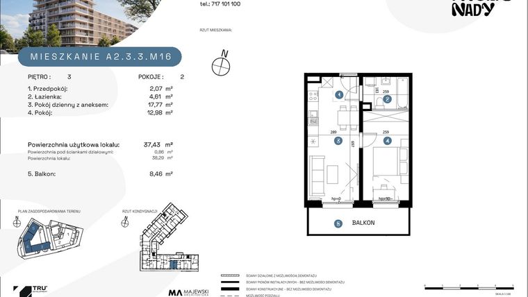 Rzut - Mieszkanie na sprzedaż 2 pokoje o powierzchni 37,43 m² - numer A2.3.3.M16 w Nowe Promenady