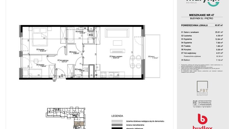 Rzut - Mieszkanie na sprzedaż 3 pokoje o powierzchni 63,97 m² - numer B.47 w Osiedle Marynin