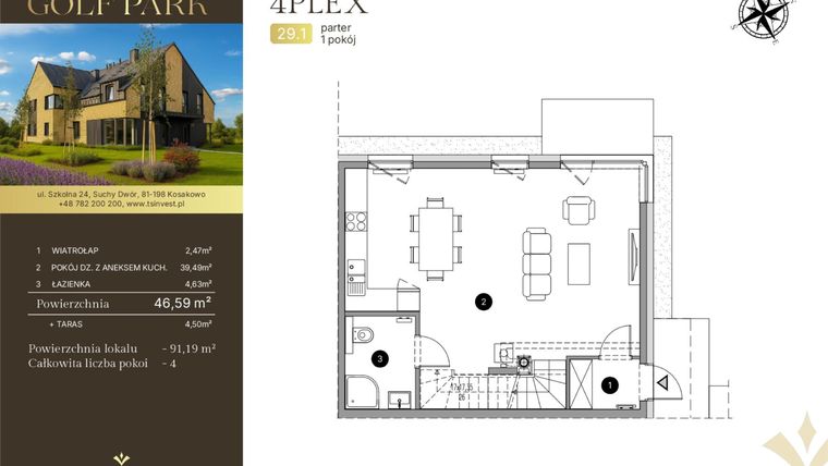 Rzut - Dom na sprzedaż 4 pokoje o powierzchni 91,61 m² - numer 29.1 w Tesoro Golf Park