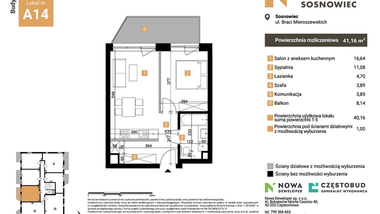 Rzut - Mieszkanie na sprzedaż 2 pokoje o powierzchni 41,16 m² - numer A14 w Nowy Sosnowiec
