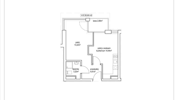 Rzut - Mieszkanie na sprzedaż 2 pokoje o powierzchni 35,69 m² - numer 4/22. w Apartamenty Nowy Targ