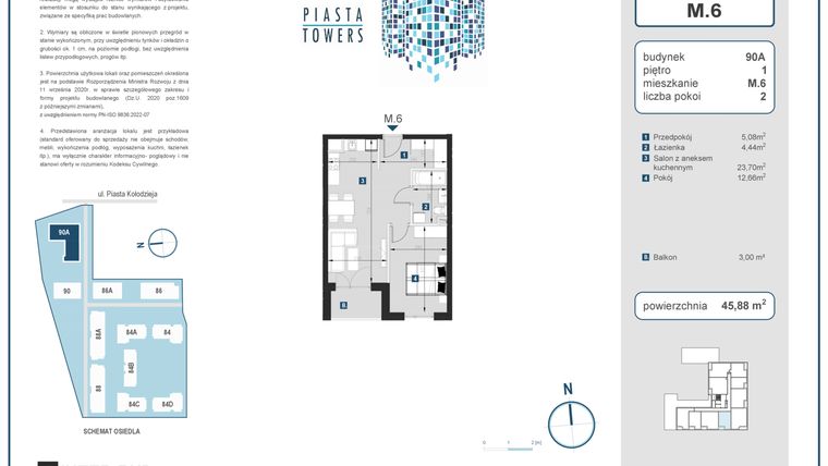 Rzut - Mieszkanie na sprzedaż 2 pokoje o powierzchni 45,88 m² - numer 6 w Piasta Towers bud. 90A