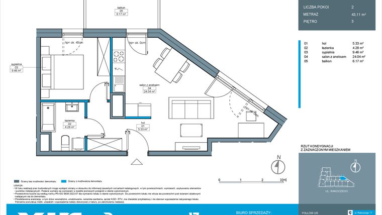 Rzut - Mieszkanie na sprzedaż 2 pokoje o powierzchni 43,11 m² - numer A.3.3 w Rakoczego 17