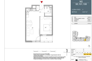 Rzut - Mieszkanie na sprzedaż 2 pokoje o powierzchni 42,97 m² - numer 95 w Morwowa 5