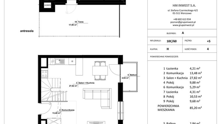 Rzut - Mieszkanie na sprzedaż 4 pokoje o powierzchni 85,2 m² - numer 10C/60 w Jasielska 8C etap II
