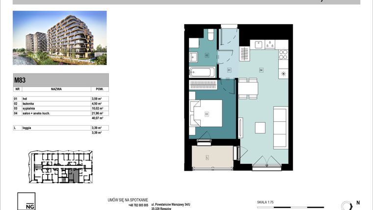 Rzut - Mieszkanie na sprzedaż 2 pokoje o powierzchni 40,07 m² - numer B83 w Panorama Kwiatkowskiego