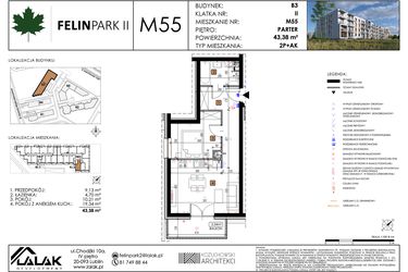 Rzut - Mieszkanie na sprzedaż 2 pokoje o powierzchni 43,45 m² - numer M55 w Felin Park II etap 2