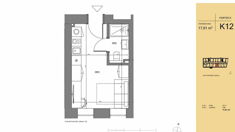 Rzut - Mieszkanie na sprzedaż 1 pokój o powierzchni 17,91 m² - numer K12 w Rezydencja San Petrus
