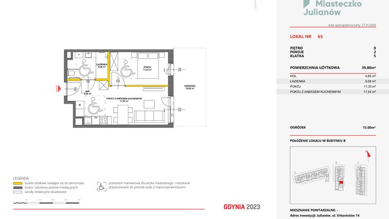 Rzut - Mieszkanie na sprzedaż 2 pokoje o powierzchni 39,73 m² - numer 65 w Miasteczko Julianów