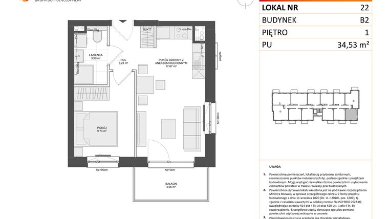 Rzut - Mieszkanie na sprzedaż 2 pokoje o powierzchni 34,53 m² - numer B2.22 w Osiedle Przy Błoniach 3 etap III
