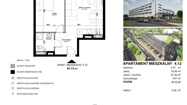 Rzut - Mieszkanie na sprzedaż 2 pokoje o powierzchni 47,13 m² - numer 4.12 w Apartamentowiec Zwycięska 3