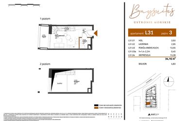 Rzut - Mieszkanie na sprzedaż 2 pokoje o powierzchni 34,16 m² - numer AP.3.31 w Baysuites
