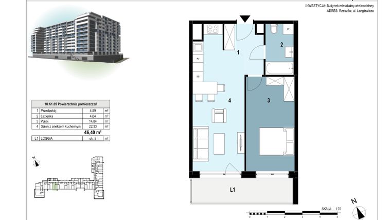 Rzut - Mieszkanie na sprzedaż 2 pokoje o powierzchni 46,4 m² - numer 10.K1.05 w Langiewicza 37