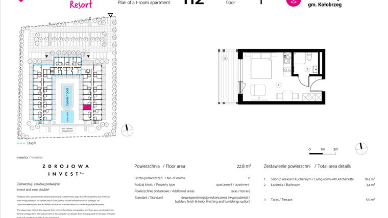 Rzut - Mieszkanie na sprzedaż 1 pokój o powierzchni 22,8 m² - numer 112 w VacationClub Resort