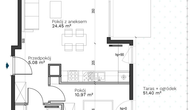 Rzut - Mieszkanie na sprzedaż 2 pokoje o powierzchni 44,67 m² - numer B-4 w Destino