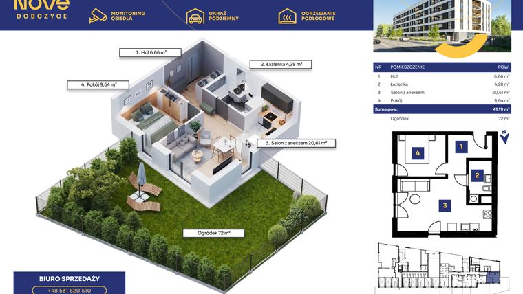 Rzut - Mieszkanie na sprzedaż 1 pokój o powierzchni 41,2 m² - numer M01 w Nove Dobczyce
