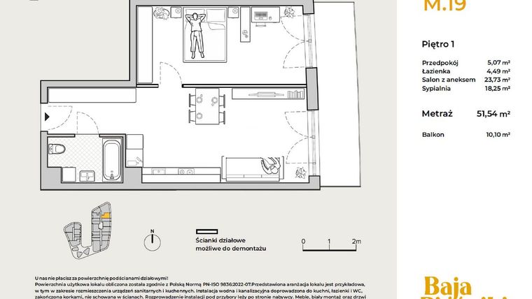 Rzut - Mieszkanie na sprzedaż 2 pokoje o powierzchni 51,54 m² - numer M19 w Baja Piaśniki