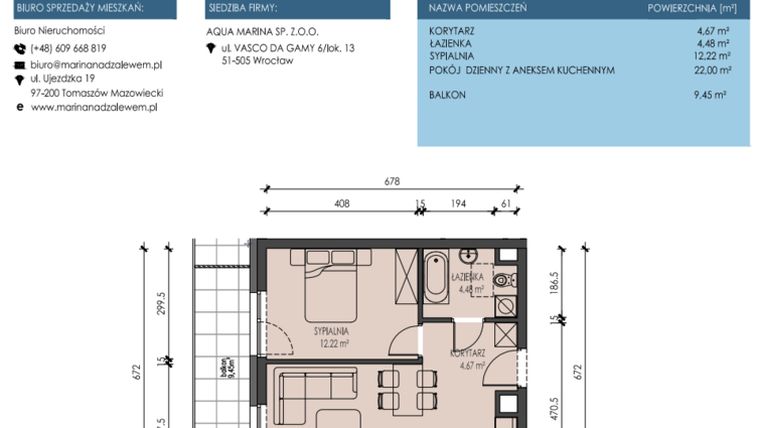 Rzut - Mieszkanie na sprzedaż 2 pokoje o powierzchni 43,37 m² - numer A36-2 w Apartamenty Aqua Marina