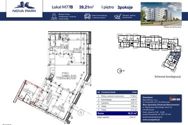 Rzut - Mieszkanie na sprzedaż 3 pokoje o powierzchni 39,11 m² - numer 77B w Nova Park etap II