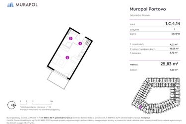 Rzut - Mieszkanie na sprzedaż 1 pokój o powierzchni 25,82 m² - numer 1.C.4.14 w Murapol Portovo etap II