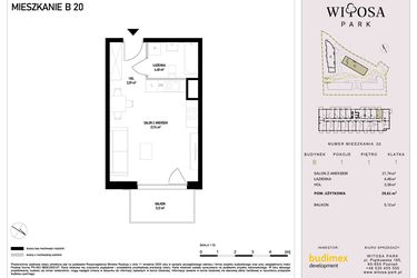 Rzut - Mieszkanie na sprzedaż 1 pokój o powierzchni 29,61 m² - numer B20 w Witosa Park