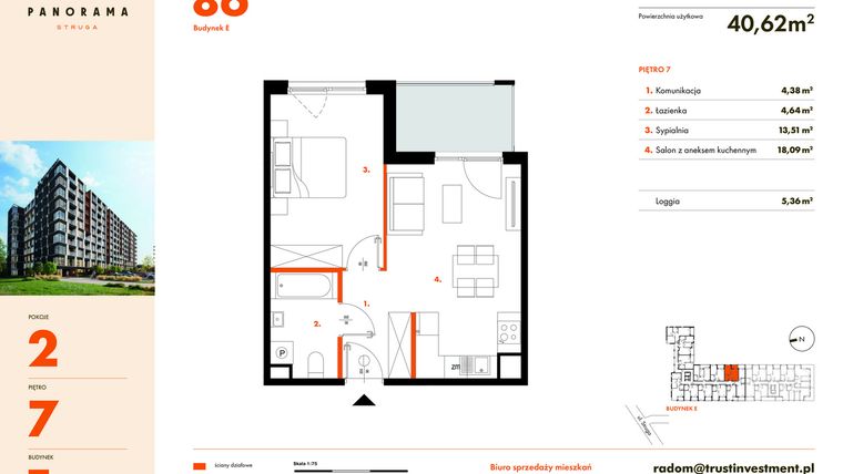 Rzut - Mieszkanie na sprzedaż 2 pokoje o powierzchni 40,62 m² - numer E86 w Panorama Struga