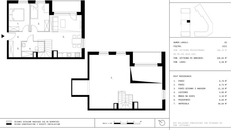 Rzut - Mieszkanie na sprzedaż 3 pokoje o powierzchni 105,83 m² - numer A7.P8 w Nocznickiego 29 bud. A