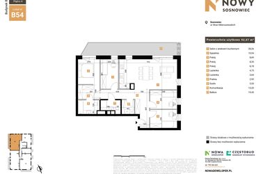 Rzut - Mieszkanie na sprzedaż 5 pokoi o powierzchni 92,07 m² - numer 54 w Nowy Sosnowiec