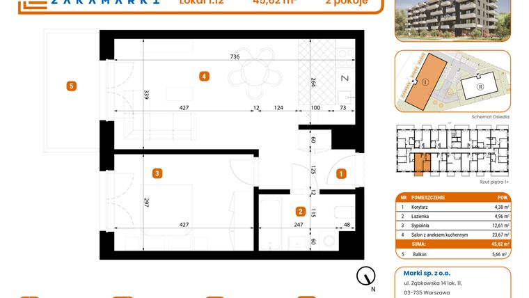 Rzut - Mieszkanie na sprzedaż 2 pokoje o powierzchni 45,62 m² - numer B1/1/12 w Zakamarki
