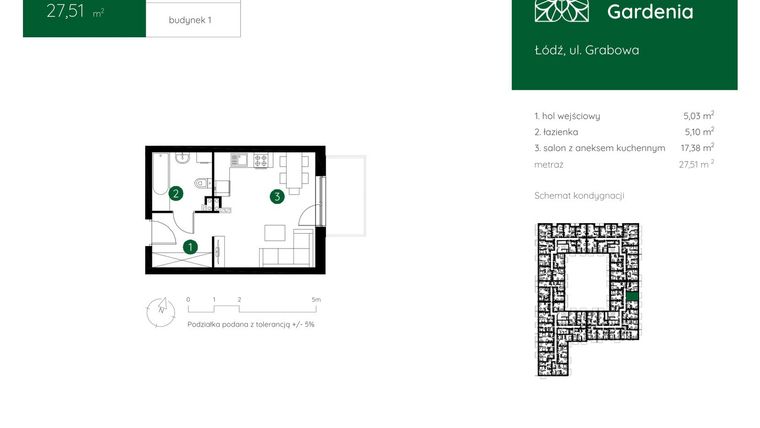 Rzut - Mieszkanie na sprzedaż 1 pokój o powierzchni 27,51 m² - numer 1.B.1.05 w Murapol Gardenia