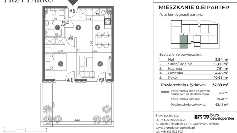 Rzut - Mieszkanie na sprzedaż 2 pokoje o powierzchni 37,89 m² - numer 0.B w Willa przy parku