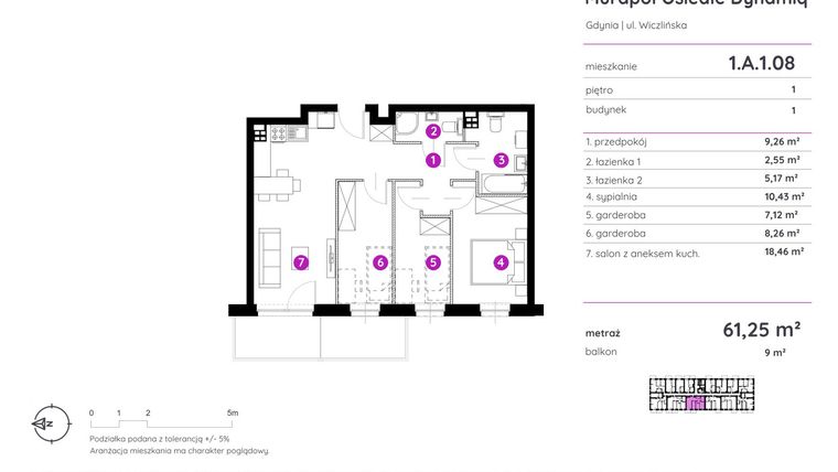 Rzut - Mieszkanie na sprzedaż 2 pokoje o powierzchni 61,25 m² - numer 1.A.1.08 w Murapol Osiedle Dynamiq