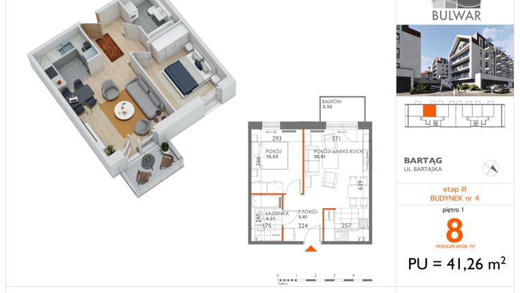 Rzut - Mieszkanie na sprzedaż 2 pokoje o powierzchni 41,26 m² - numer 8 w Osiedle Bulwar bud. 4