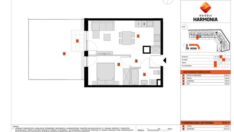 Rzut - Mieszkanie na sprzedaż 2 pokoje o powierzchni 36,03 m² - numer C.1 w Osiedle Harmonia