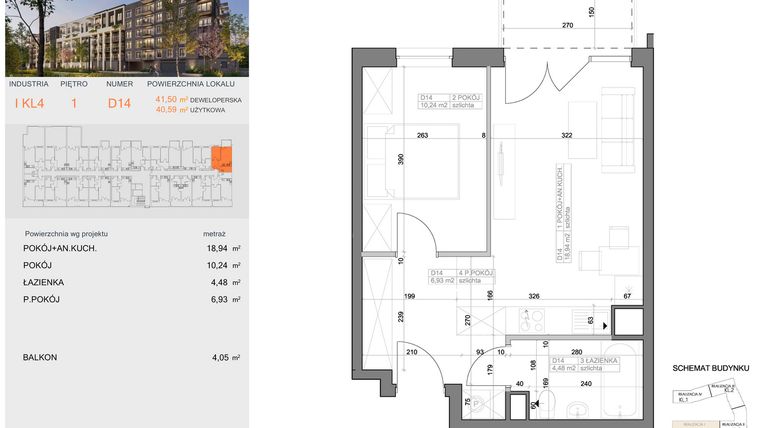 Rzut - Mieszkanie na sprzedaż 2 pokoje o powierzchni 40,59 m² - numer I-D14 w Industria etap I-D oraz I-C