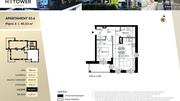 Rzut - Mieszkanie na sprzedaż 2 pokoje o powierzchni 40,53 m² - numer Hi 03.6 w Hi Tower